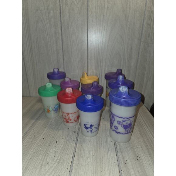Vtg 90s Playtex Sippy Cups Valves Lot Of 10 Dinosaur Fish Chick Train Flaw Read - Picture 1 of 16